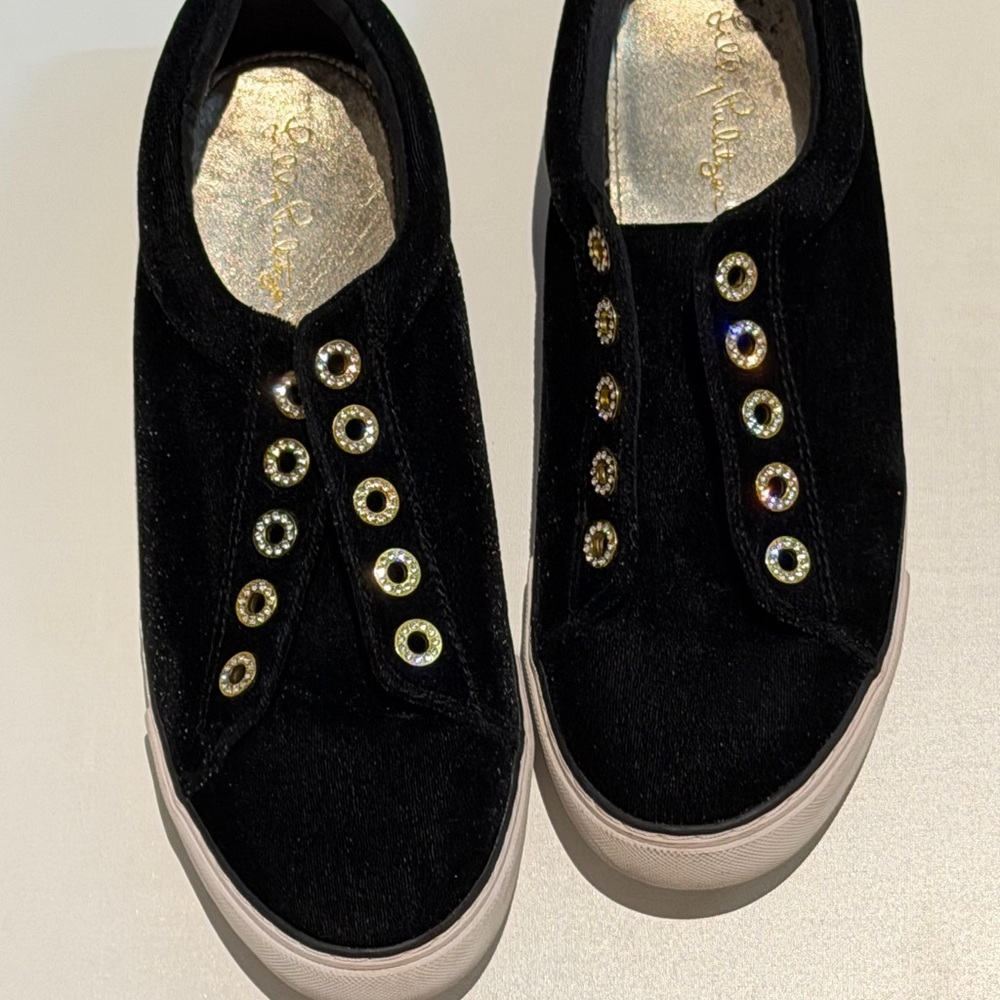 Lilly Pulitzer Black Velvet Sneakers with Gold Accents